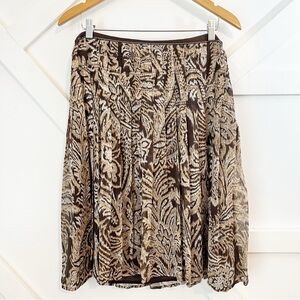 Oscar De La Renta Pleated Skirt Brown Beige White Paisley, Lined Zipper, Size 12